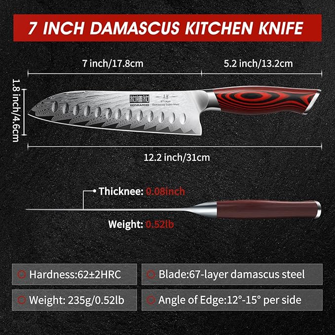 HOSHANHO Damascus Santoku Knife, 7 Inch Professiona Kitchen Knife, Damascus Super Steel Ultra-Sharp Santoku Chef Knife with Ergonomic G10 Handle