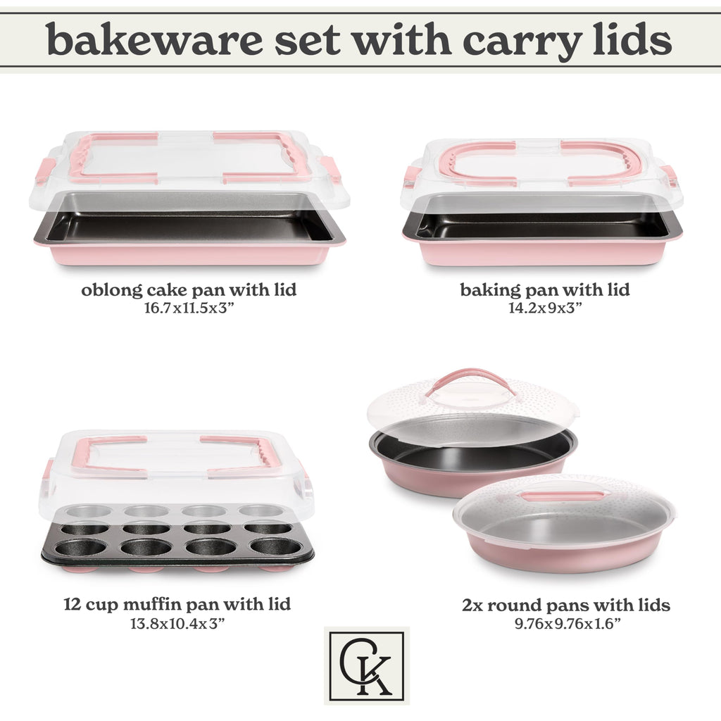 Country Kitchen Baking Pans Set - 10 Piece Non-Stick Cake Pans with Carry Lids for Easy Storage & Travel, Perfect for Parties - Stackable, Pink
