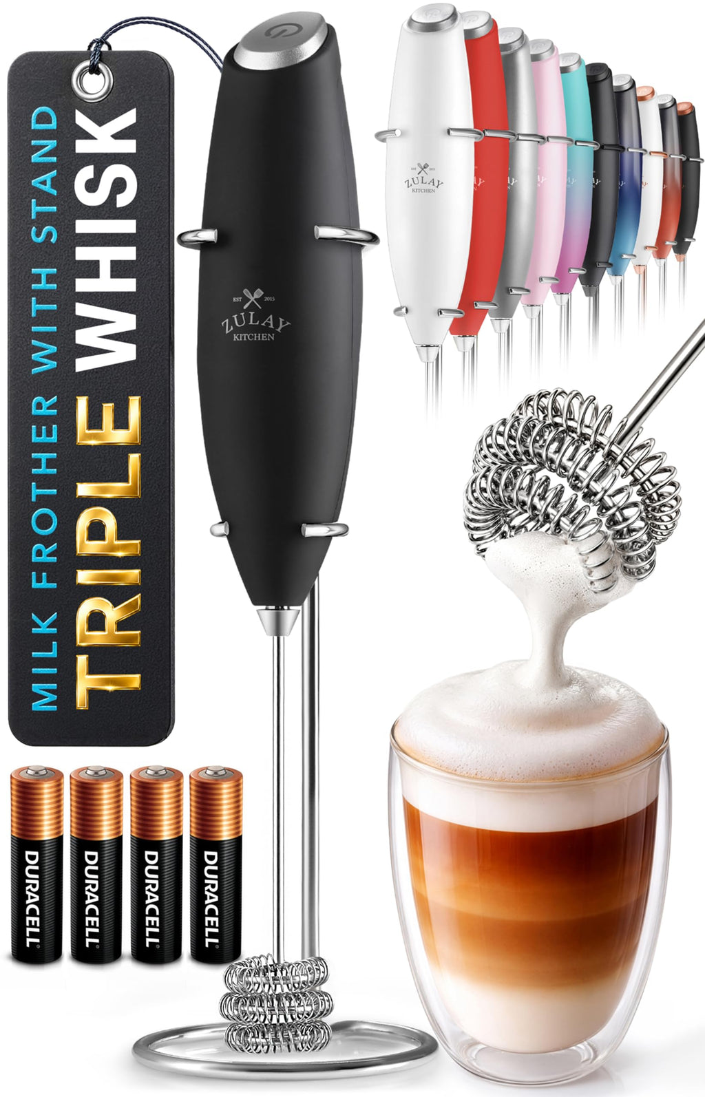 Zulay Kitchen Powerful Milk Frother Wand With Duracell Batteries - Ultra Fast Handheld Drink Mixer - Electric Whisk Foam Maker for Coffee, Lattes, Cappuccino & Matcha - Z1 Motor - Aqua