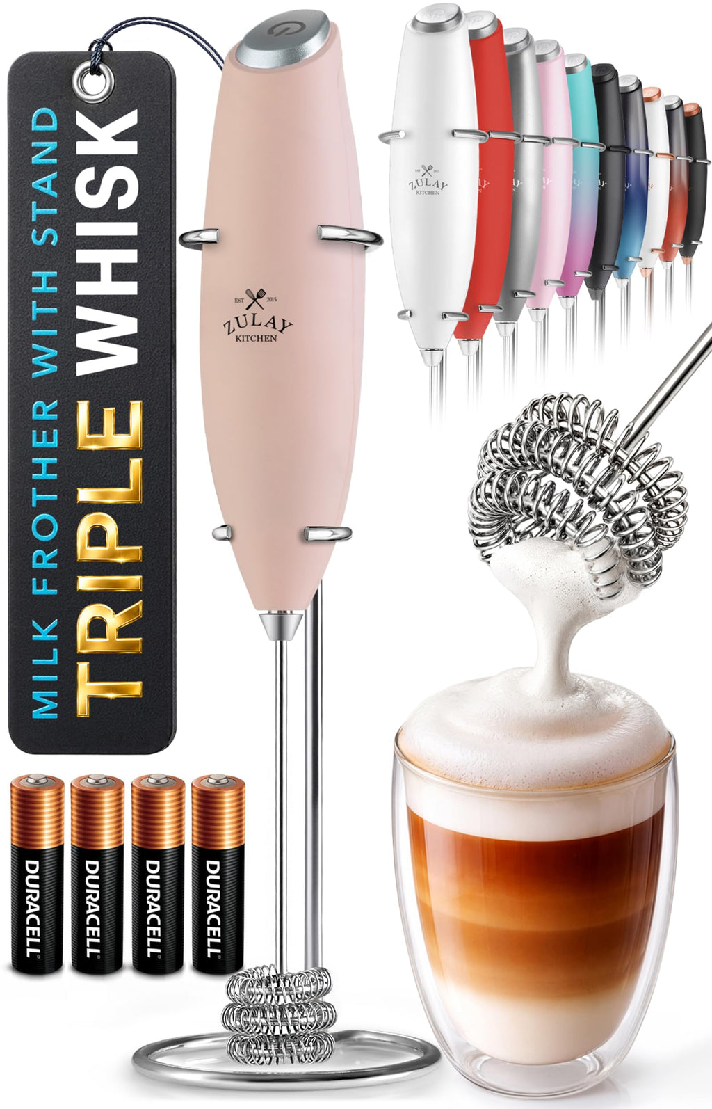 Zulay Kitchen Powerful Milk Frother Wand With Duracell Batteries - Ultra Fast Handheld Drink Mixer - Electric Whisk Foam Maker for Coffee, Lattes, Cappuccino & Matcha - Z1 Motor - Aqua