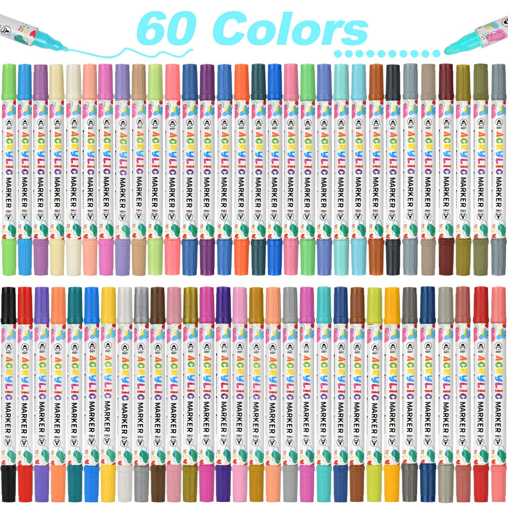 KEMYR 60 Colors Acrylic Paint Pens, Dual Tip Acrylic Paint Markers for Paper, Wood, Canvas, Stone, Rock Painting, Glass, Fabric, DIY, Ceramic, Art Supplies for Adults Drawing (Dot + Fine)