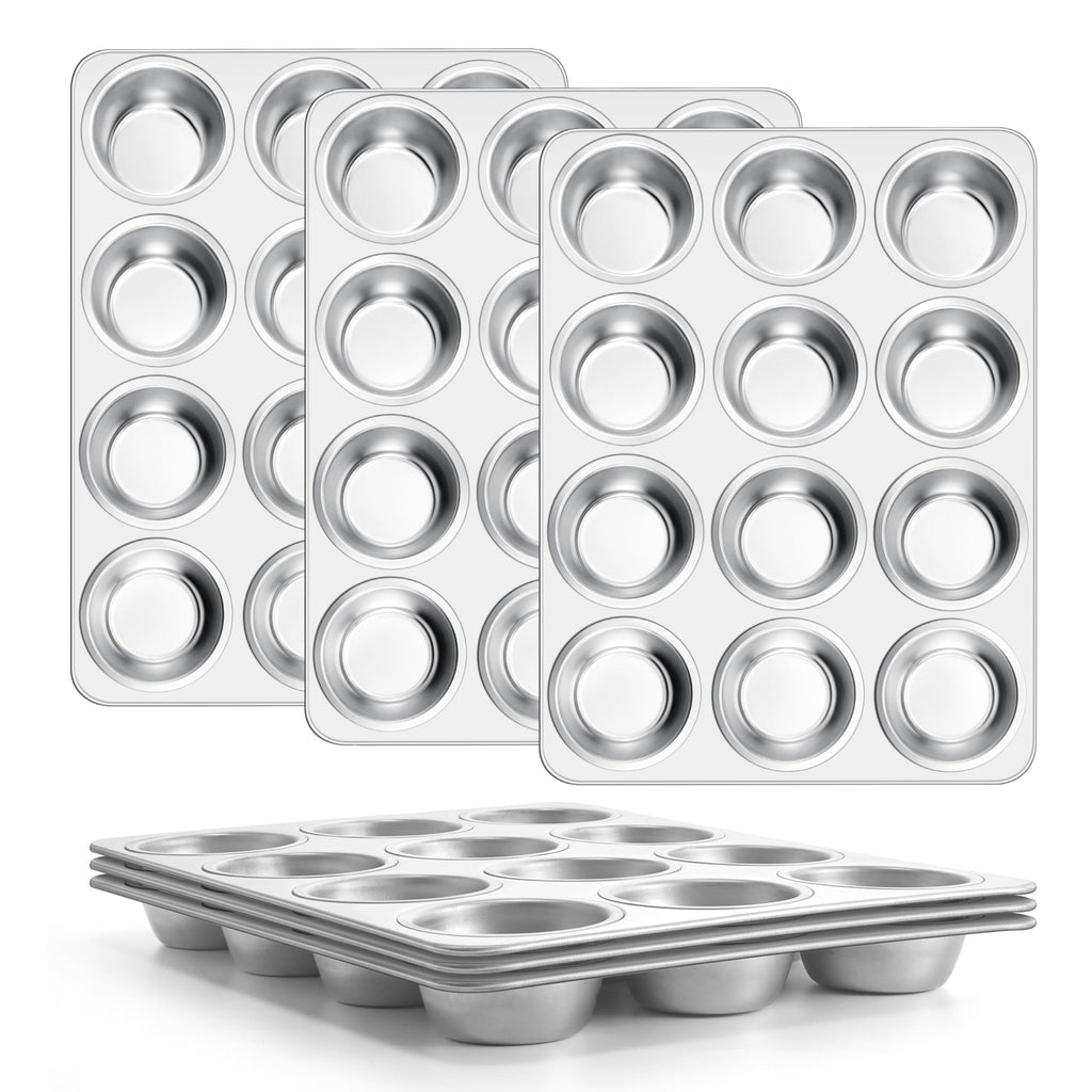 E-far 12-Cup Muffin Pan Set of 4, Stainless Steel Cupcake Pan for Oven