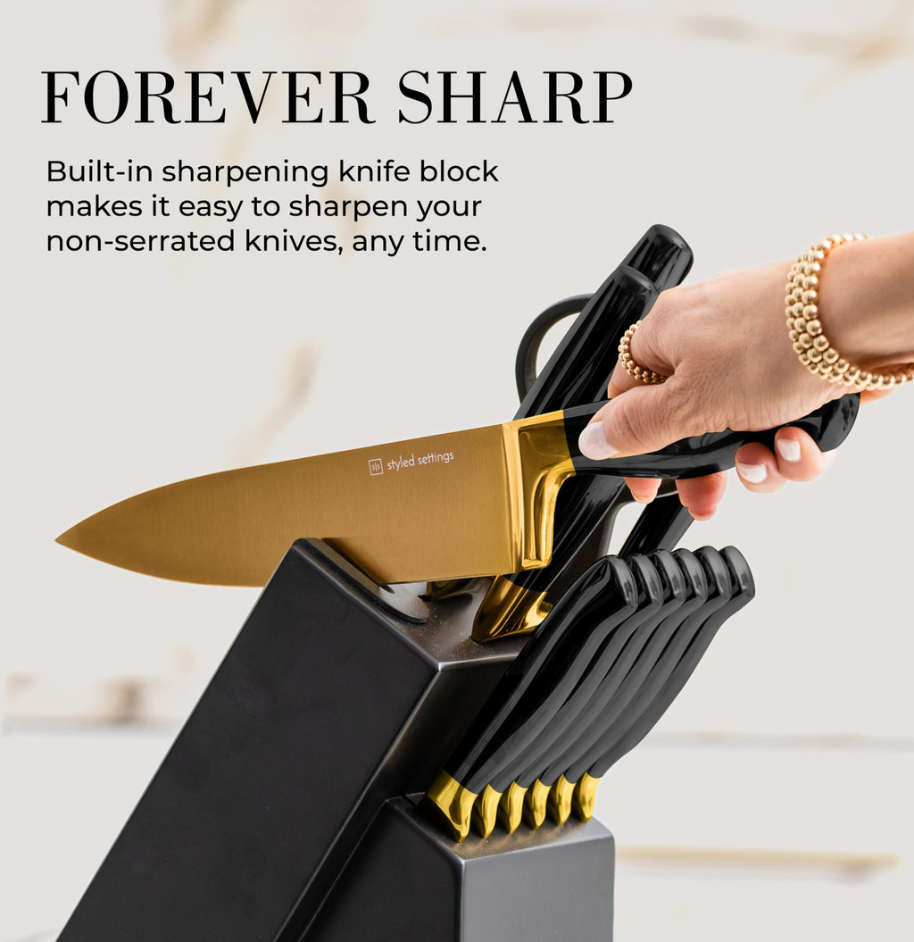 Styled Settings Black and Gold Knife Set with Block and Sharpener, 14-Piece