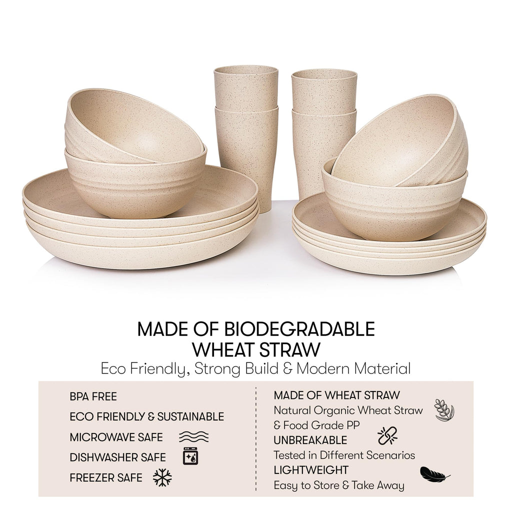 Wheat Straw Dinnerware Sets | Unbreakable Dinnerware Sets | Dishwasher Microwave Safe Dinnerware | Eco Friendly Non Breakable Dinnerware Sets | RV Outdoor Camping (Beige, Service for 4 (16 pcs))