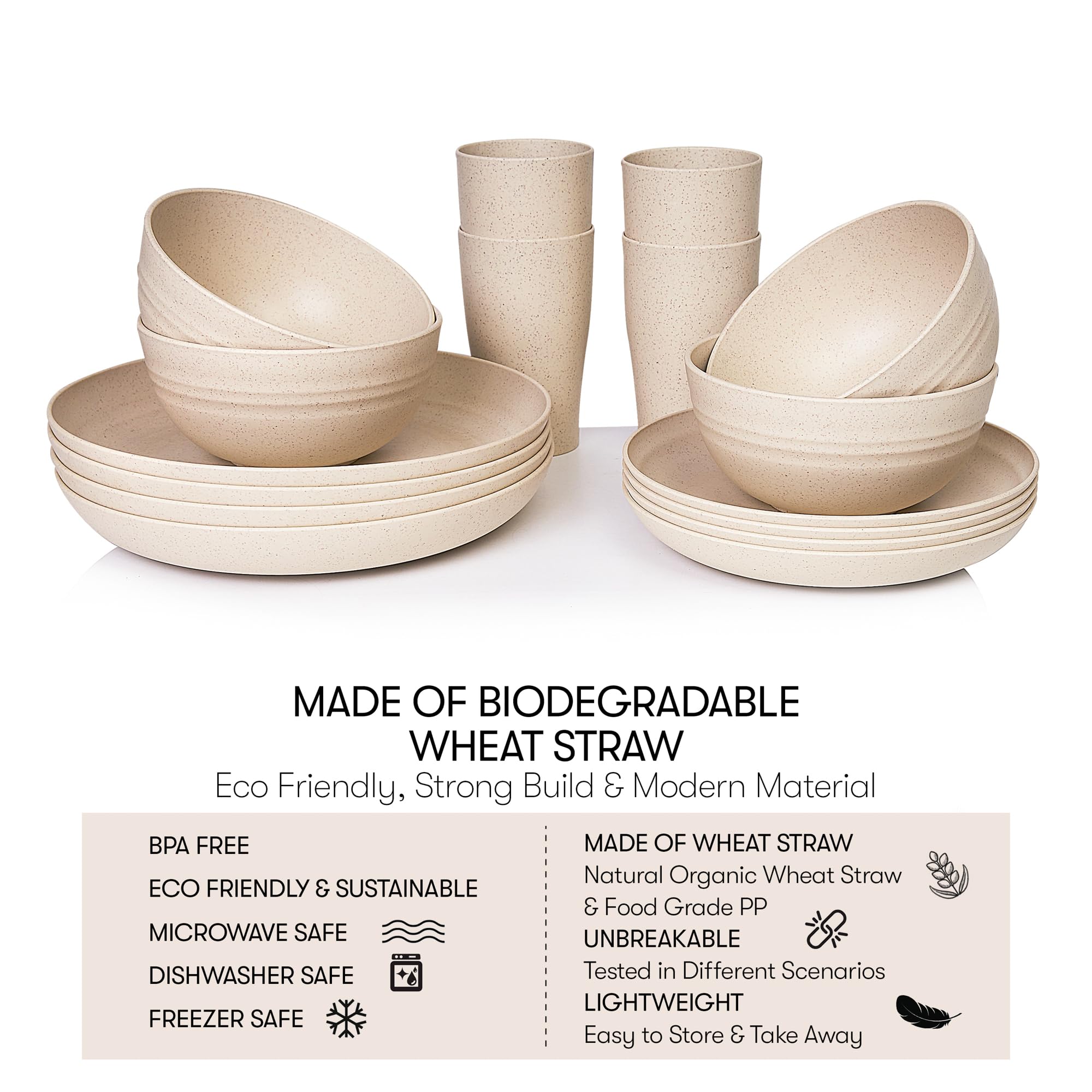Wheat Straw Dinnerware Sets | Unbreakable Dinnerware Sets | Dishwasher Microwave Safe Dinnerware | Eco Friendly Non Breakable Dinnerware Sets | RV Outdoor Camping (Beige, Service for 4 (16 pcs))