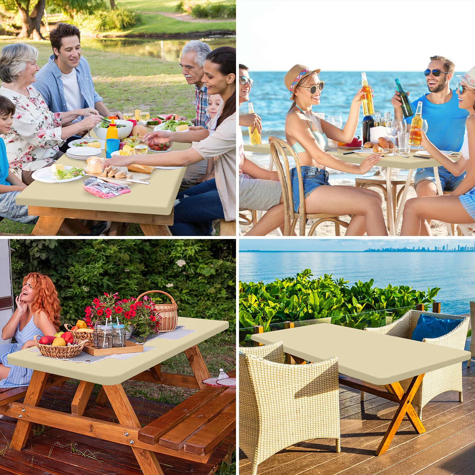 homing Rectangle Table Cloth Cover, Water-Resistant Polyester Elastic Fitted Tablecloth, Fits for 5 Foot Folding Tables, Washable Table Protector for Picnic, Camping, Outdoor (Champagne, 30" x 60")