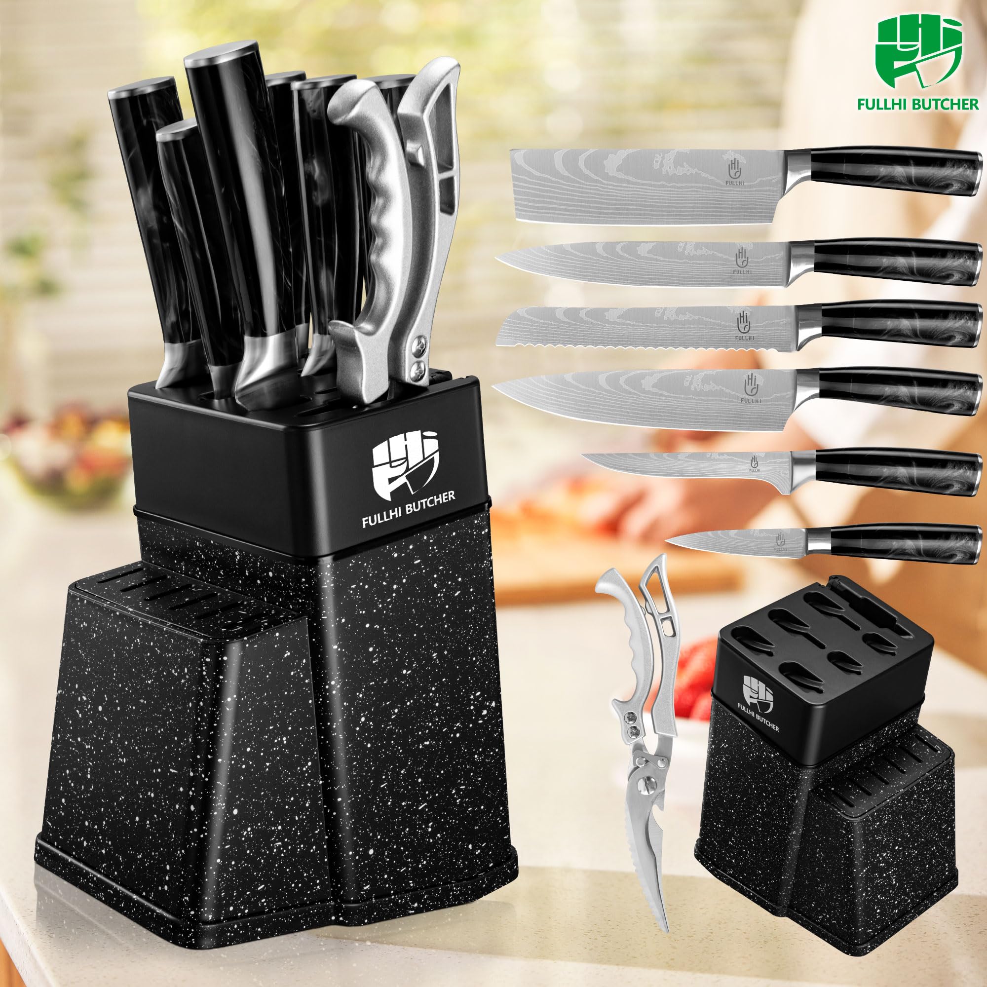 FULLHI 8pcs block Knife Set,chef's Knves Set with Block and Sharpener, Kitchen Knife Set,Multi-colour Handle, Gifts for Men Women
