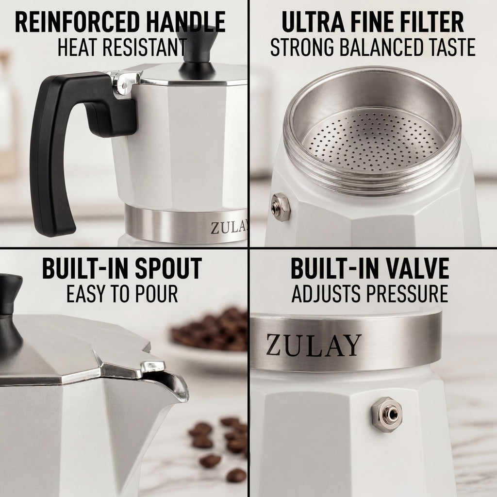 Zulay Moka Pot Espresso Stovetop Coffee Maker - Leak-Proof, Stainless Steel, Easy to Clean, Heat Resistant Handle & Knob - for Authentic Cuban & Italian Style Espresso - Makes 3 Espresso Cups - White