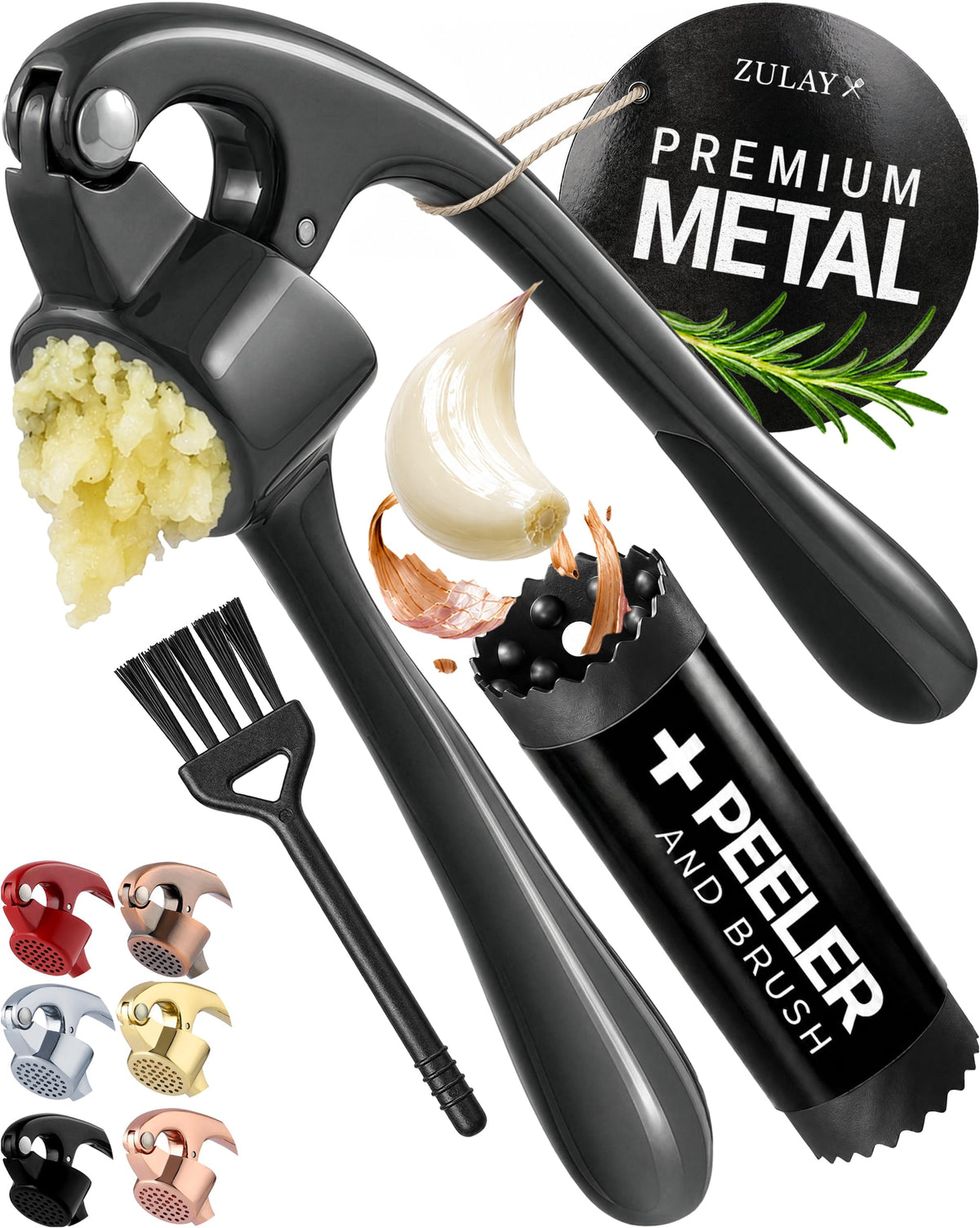 Zulay Kitchen Premium Garlic Press Set - Rust Proof Professional Garlic Mincer Tool - Easy-Squeeze, Easy-Clean with Soft Handle - Silicone Garlic Peeler & Brush (Rose Gold)