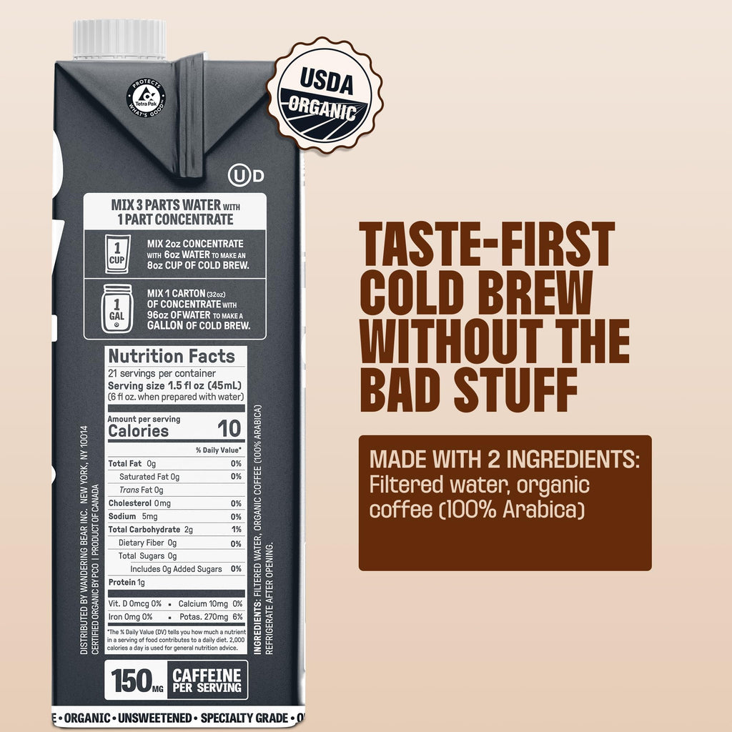Wandering Bear Organic Unsweetened Extra Strong Cold Brew in a Box - Make Your Own Iced Coffee Drink with Wandering Bear Black Concentrate, Shelf-Stable & Vegan - 21 Servings - 32 fl.oz