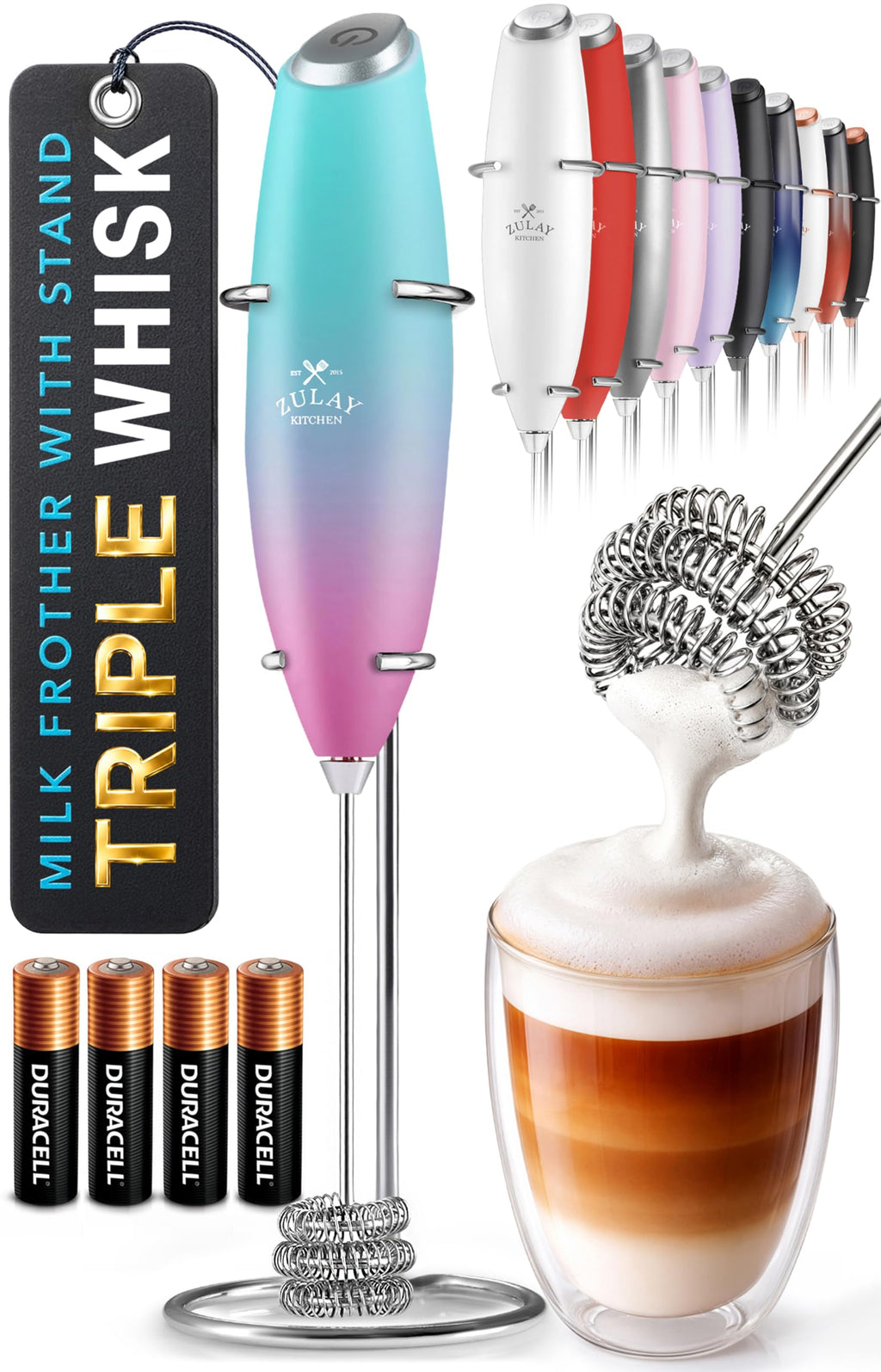 Zulay Kitchen Powerful Milk Frother Wand With Duracell Batteries - Ultra Fast Handheld Drink Mixer - Electric Whisk Foam Maker for Coffee, Lattes, Cappuccino & Matcha - Z1 Motor - Aqua