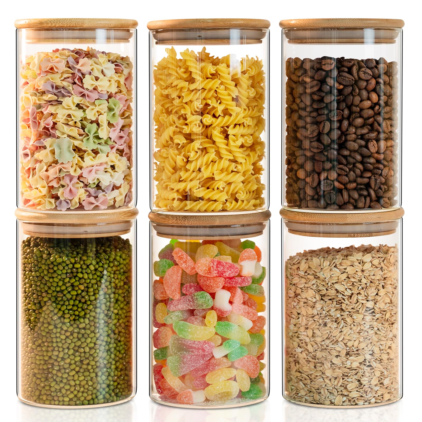 Liuruiyu 50oz Glass Food Storage Jars Set of 6,Glass Storage Containers Clear Glass Food Canister with Bamboo Lid Airtight For Serving Tea, Coffee, Flour, Sugar, Candy, Cookie, Spice and More (Round)