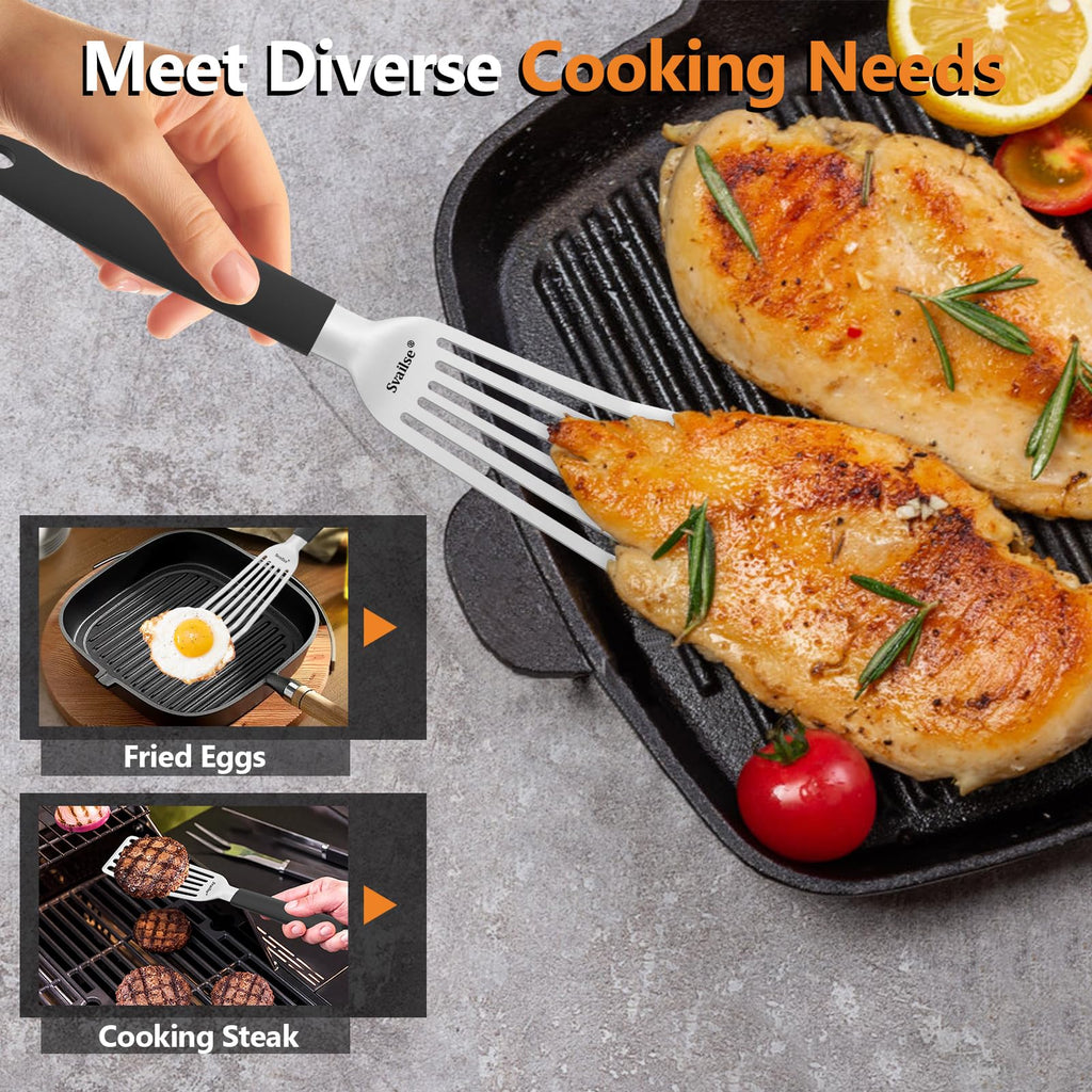 Svailse Fish Spatula Stainless Steel, Metal Spatula for Cast Iron Skillet, Slotted Turner with Silicone Handle for Cooking, Grilling, Flipping, Egg, Cookie, Pancake and Burger (Large, 13.5 Inch)
