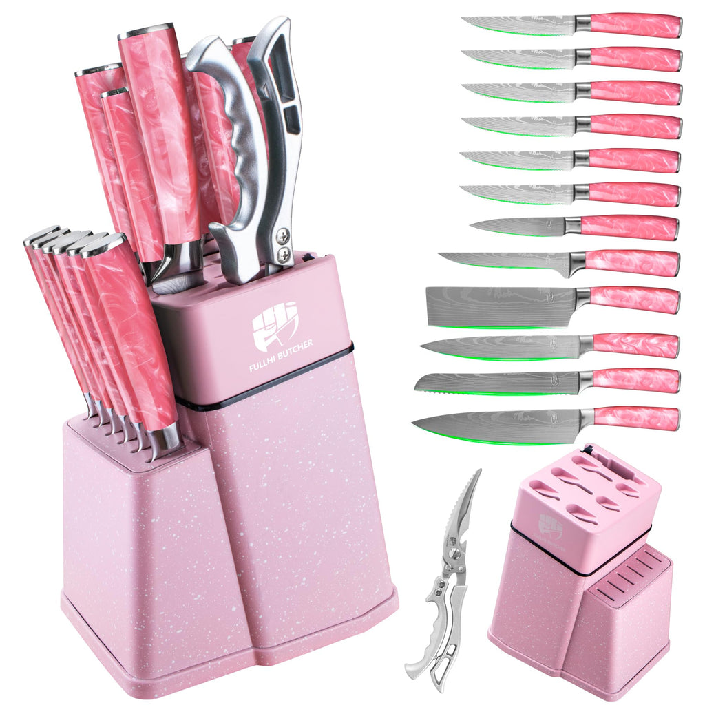 FULLHI 14pcs Block Knife Set, Chef's Knife Steak Knives Set with Block and Sharpener, Kitchen Knife Set, Multi-colour Handle, Gifts for Men Women