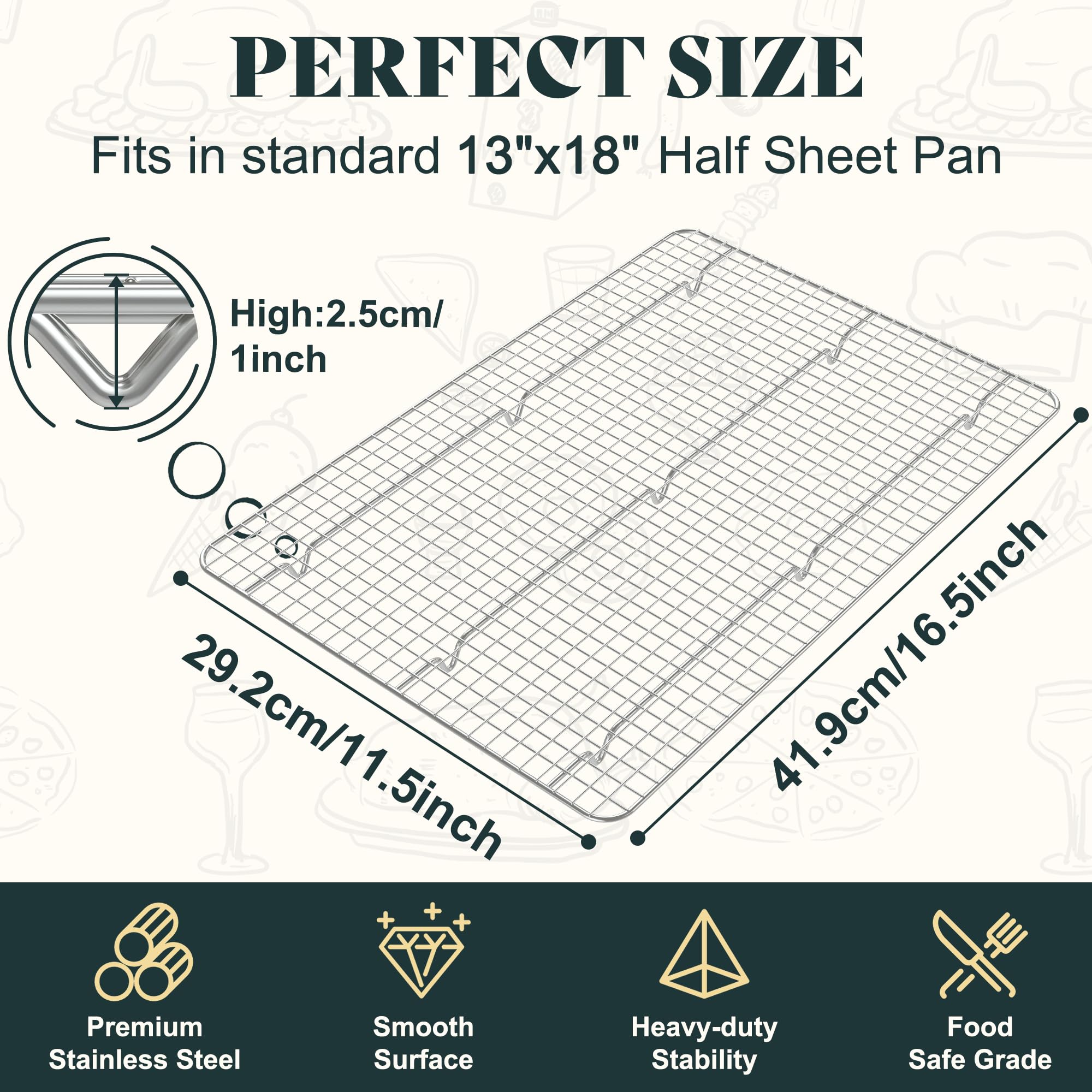 Cooling Racks for Cooking and Baking - 11.5"x16.5" Oven Safe Premium Stainless Steel Heavy Duty Baking Rack Tight-Wire, Fits Half Sheet Pan for Roasting & Grilling & Cooking - 1 Pack