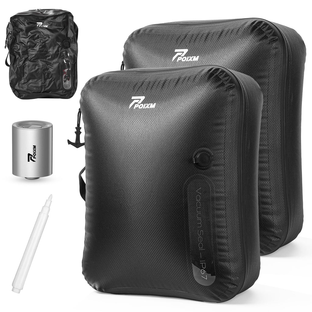 POIXM Vacuum Bags for Travel with Wireless Pump, 180° Open Zipper, IP67 Waterproof, Reusable Space Saver Compression Bags for Backpack, Suitcase