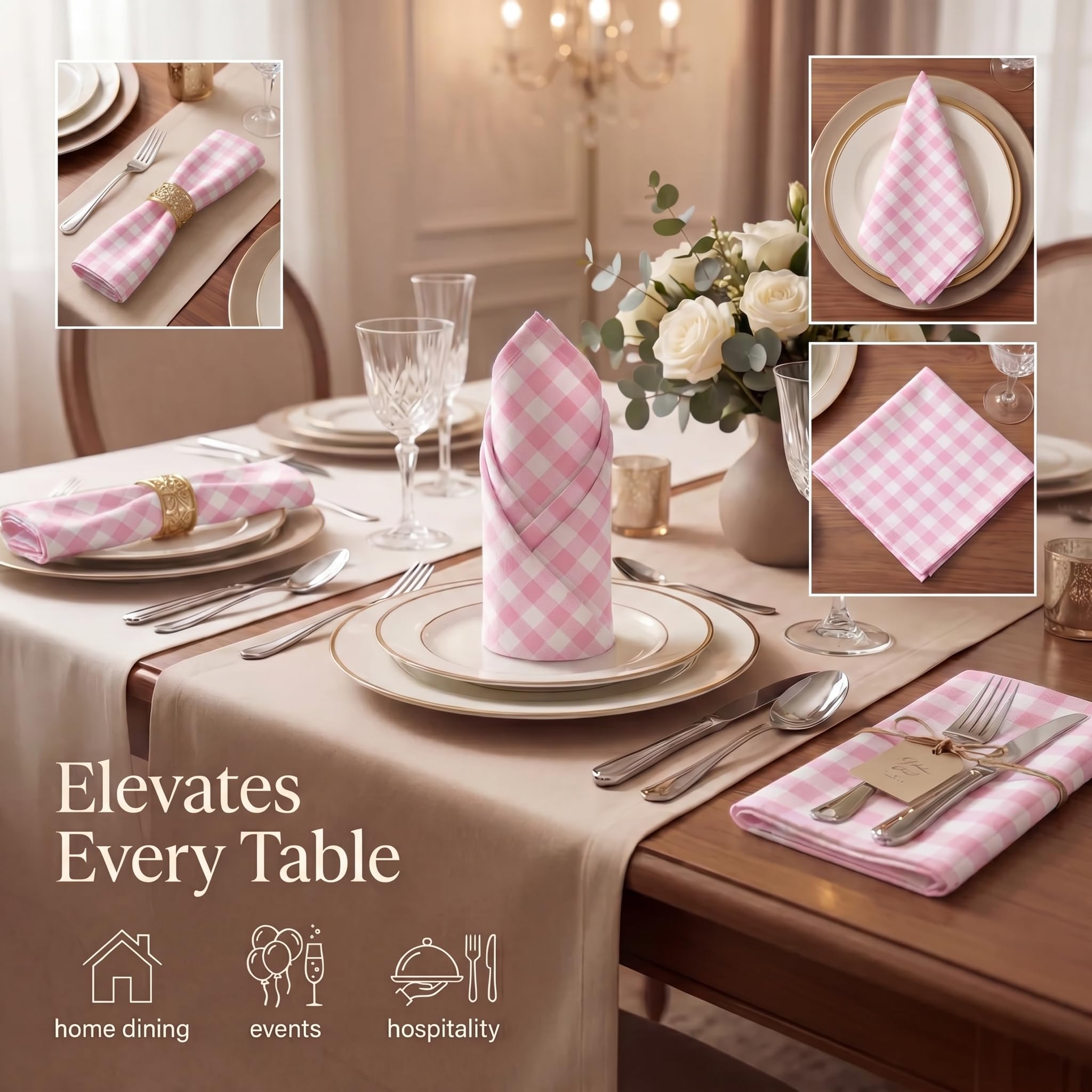 Urban Villa Cloth Napkins 100% Cotton Dinner Napkins Set of 12(20"x20") Highly Absorbent Washable Durable Reusable Napkins Ideal for Hotel Collection Lunch Restaurant Farmhouse Parties - Pink White