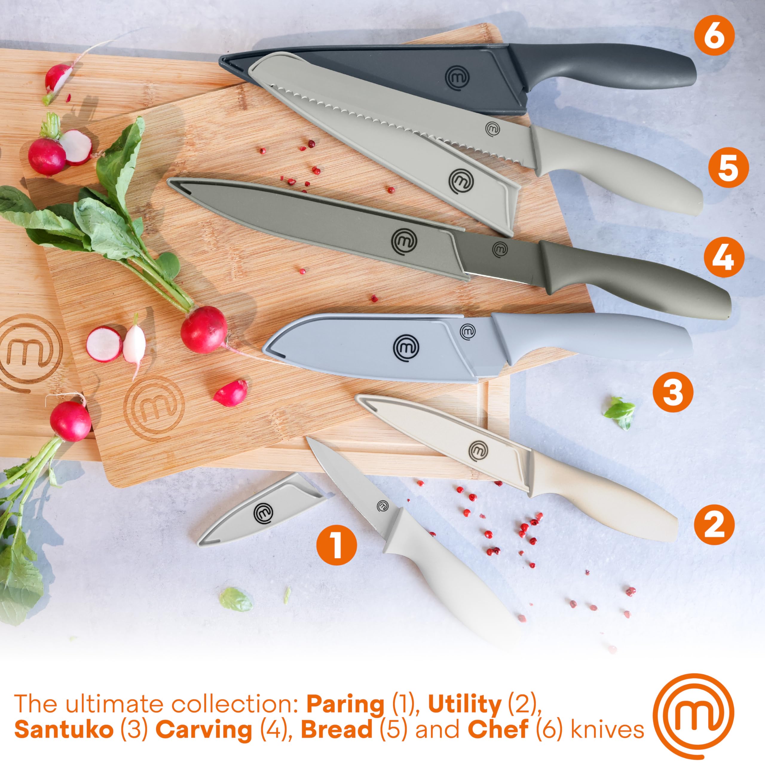 MasterChef Kitchen Knife Set with Covers, 6 Professional Chef Knives for Home Kitchens, Extra Sharp Cutting Stainless Steel Blades & Protective Sheaths, Soft-Touch Easy-Grip Handles, Earth Greys