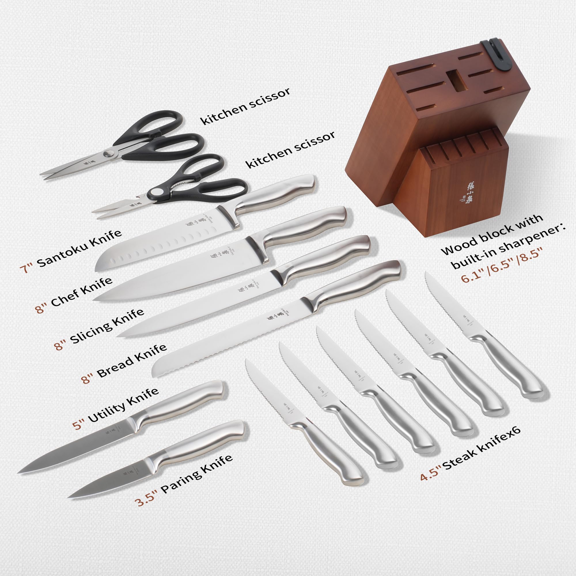 ZHANG XIAO QUAN Knife Set with Block, High Carbon Stainless Steel Sharp Blades, Built-in Sharpener Kitchen Knife Block Set for Home Cooking