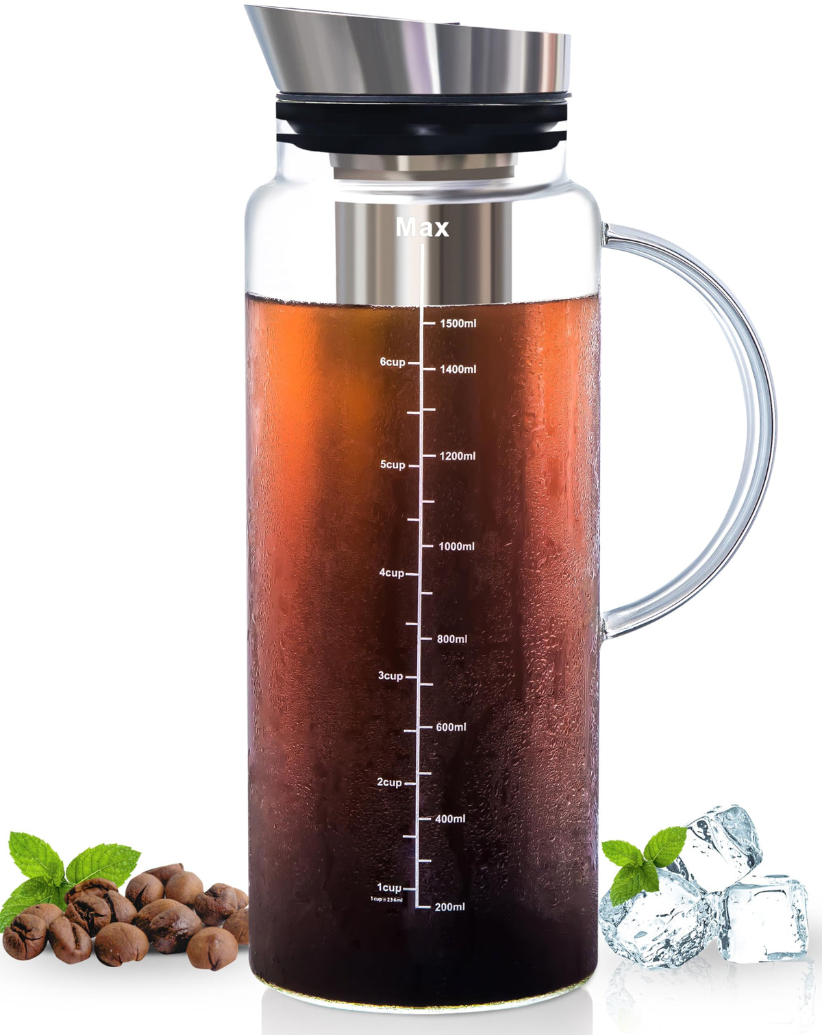Aquach 51oz Cold Brew Maker, Borosilicate Glass Iced Coffee Tea Pitcher