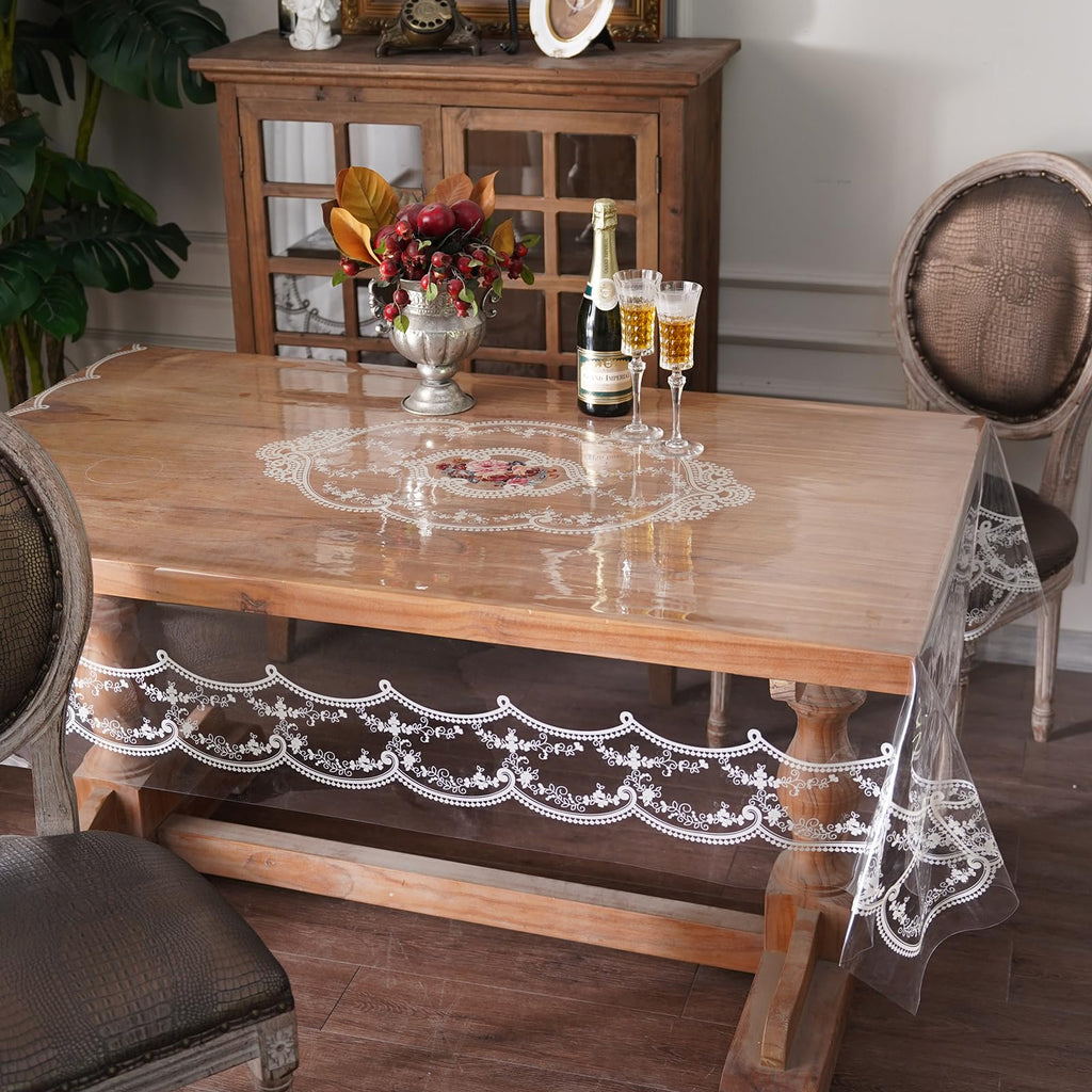 Artbloss Clear Table Cover Protector Plastic Vinyl Table Cloth with White Lace Pattern Oil Spill Proof Plastic Tablecloths for Dining Tables Parties Holidays (French Lace, 60 x 84 Inches)