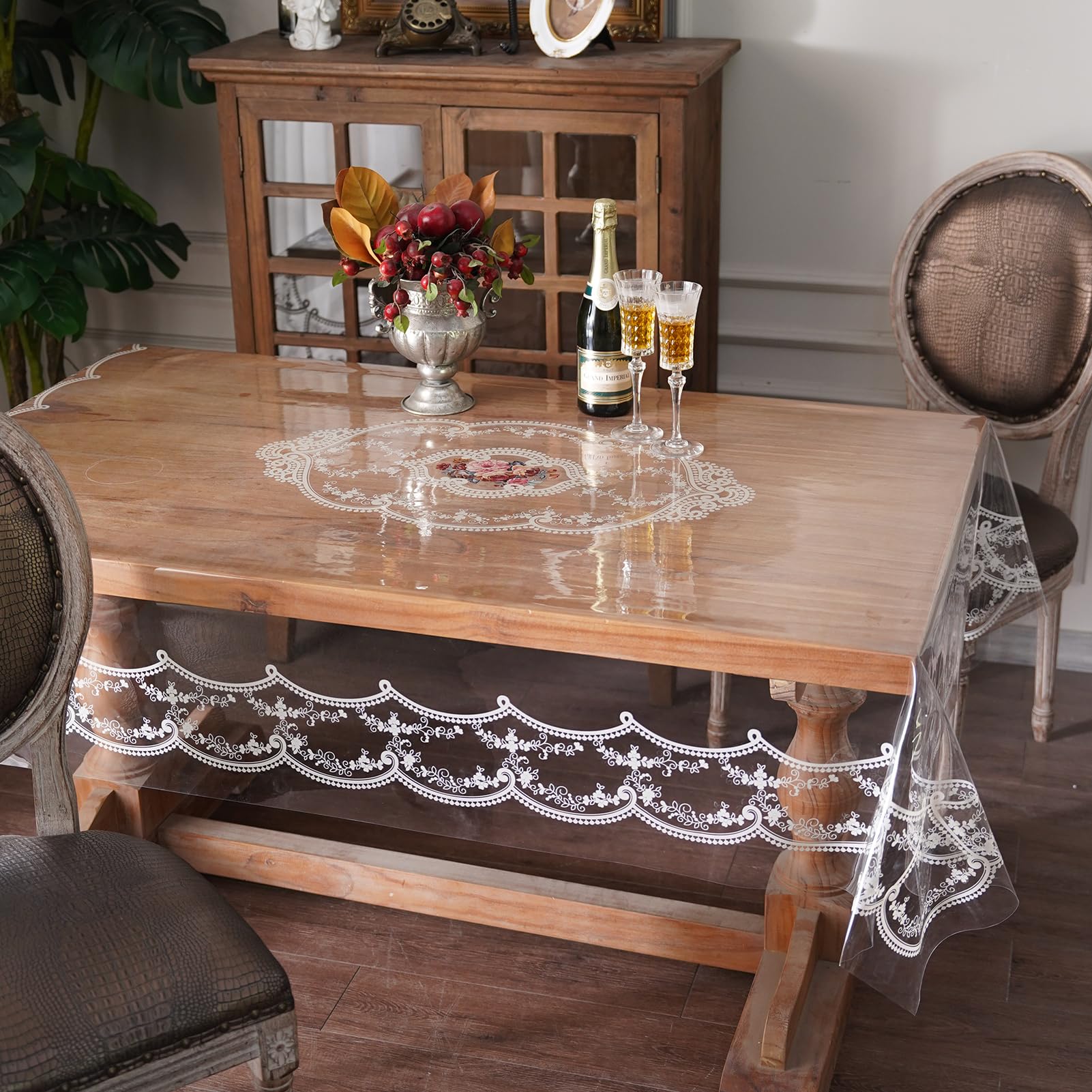 Artbloss Clear Table Cover Protector Plastic Vinyl Table Cloth with White Lace Pattern Oil Spill Proof Plastic Tablecloths for Dining Tables Parties Holidays (French Lace, 60 x 84 Inches)