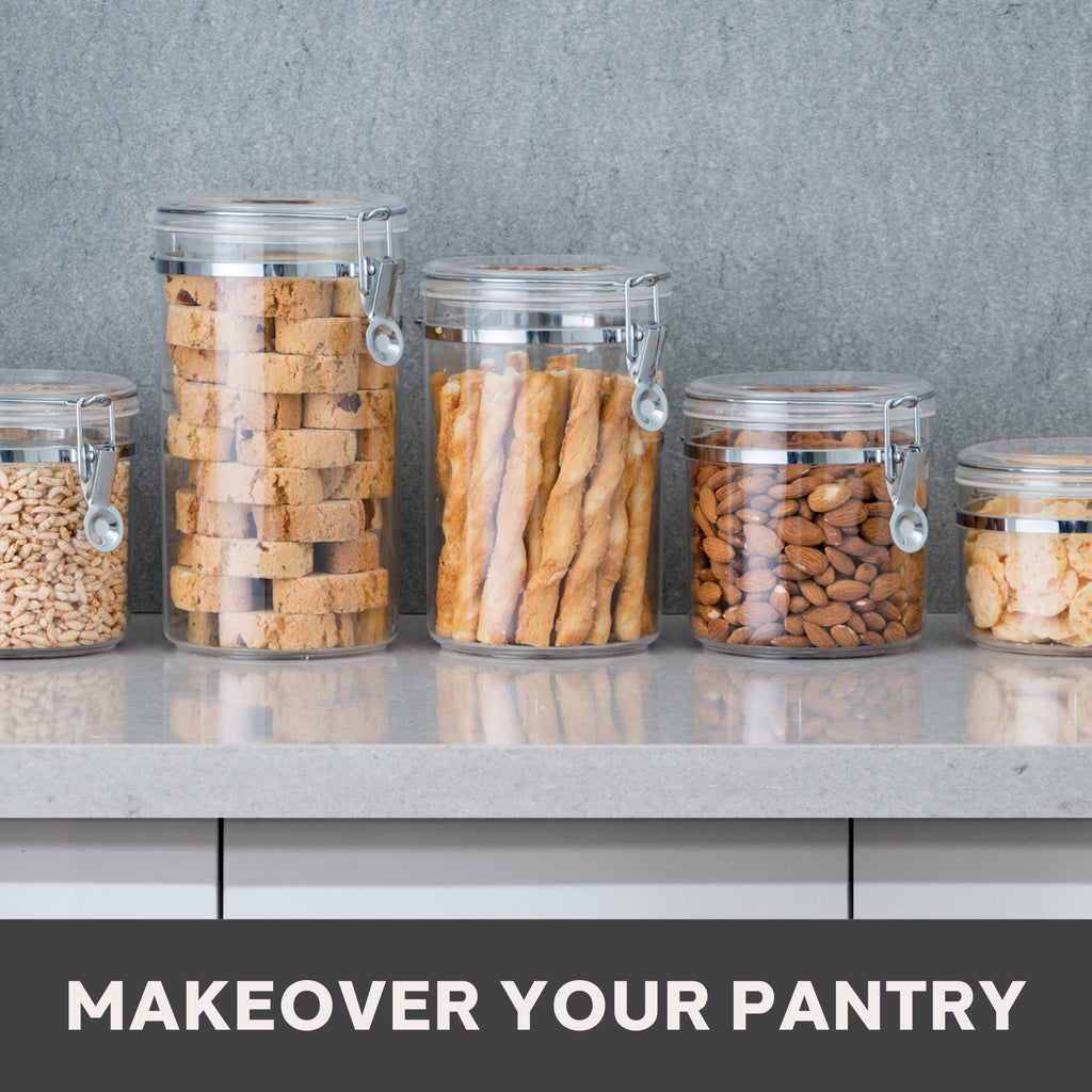 Oggi 4pc Clear Canister Set with Clamp Lids Airtight Containers in Sizes Ideal for Kitchen & Pantry Storage of Bulk, Dry Foods Including Flour, Sugar, Coffee, Rice, Tea, Spices & Herbs