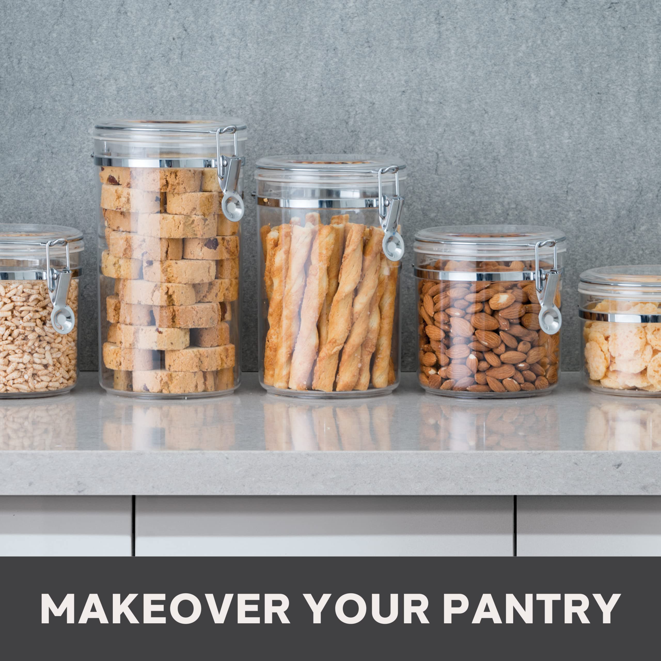 Oggi 4pc Clear Canister Set with Clamp Lids Airtight Containers in Sizes Ideal for Kitchen & Pantry Storage of Bulk, Dry Foods Including Flour, Sugar, Coffee, Rice, Tea, Spices & Herbs