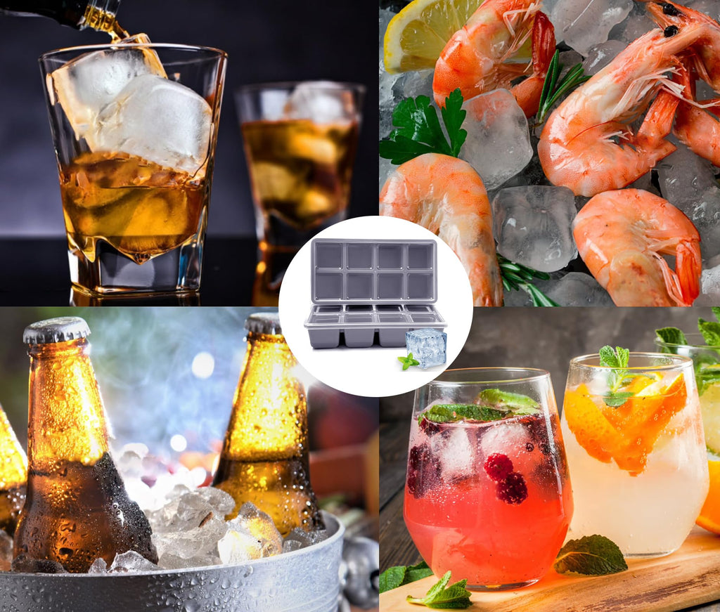 Large Ice Cube Trays with Lid, Jrisbo 2 Pack Stackable Silicone Ice Cube Molds for Freezer, Easy Release 16 Big Square Ice Trays for Whisky Cocktails (Pure Gray)