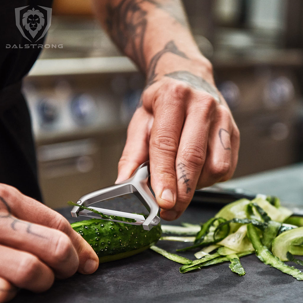 Dalstrong Y-Peeler Set — 3 Swappable Blades: Fine, Serrated & Julienne — HC Stainless Steel — For Vegetables, Citrus, Julienne Strips & Delicate Skins — G10 Handle, Razor VX, customer support