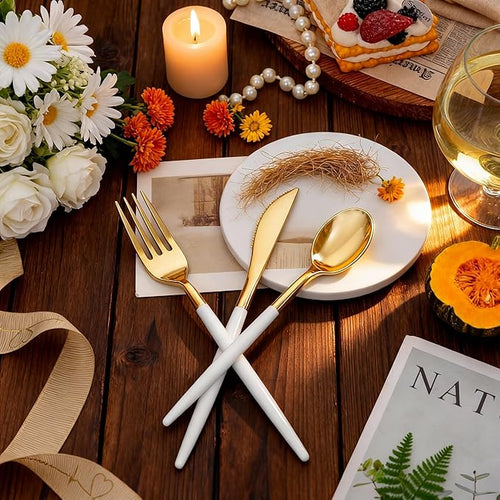 160Pcs White Gold Plastic Silverware Set, Disposable Gold Cutlery with 80 Forks, 40 Knives and 40 Spoons, Heavy Duty Utensils for Party, Wedding and Dinner