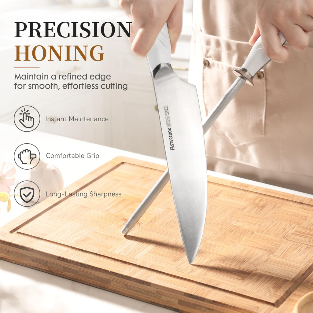 Knife Set, Astercook Kitchen Knife Set with Block, 15 Pcs Luxurious High Carbon German Stainless Steel Knives Set with Full Tang Ergonomic Handle, Dishwasher Safe Knife Set with Sharpening Rod, White