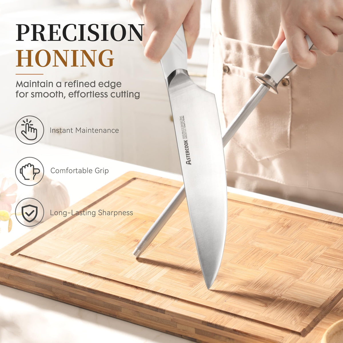 Knife Set, Astercook Kitchen Knife Set with Block, 15 Pcs Luxurious High Carbon German Stainless Steel Knives Set with Full Tang Ergonomic Handle, Dishwasher Safe Knife Set with Sharpening Rod, White