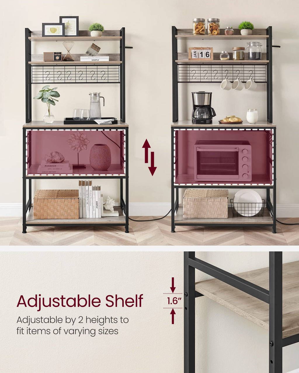 VASAGLE Bakers Rack with Power Outlet, Microwave Stand, Kitchen Tall Utility Storage Shelf, with Metal Wire Panel, 14 Hooks, 15.7 x 31.5 x 66.9 Inches, Heather Greige and Ink Black UKKS025B02