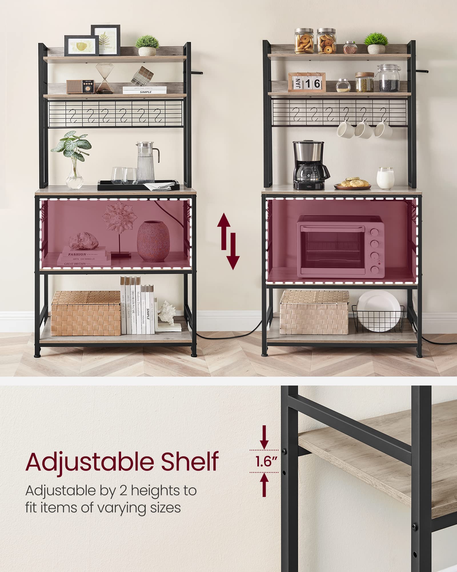 VASAGLE Bakers Rack with Power Outlet, Microwave Stand, Kitchen Tall Utility Storage Shelf, with Metal Wire Panel, 14 Hooks, 15.7 x 31.5 x 66.9 Inches, Heather Greige and Ink Black UKKS025B02