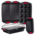 NutriChef 6-Piece Baking Pan Set - Carbon Steel Stackable Bakeware with Red Silicone Handles & Nonstick Coating, Includes Cookie Sheets, Roaster Pan with Lid, Loaf Pan, and 12 Cup Muffin Pan (Black)
