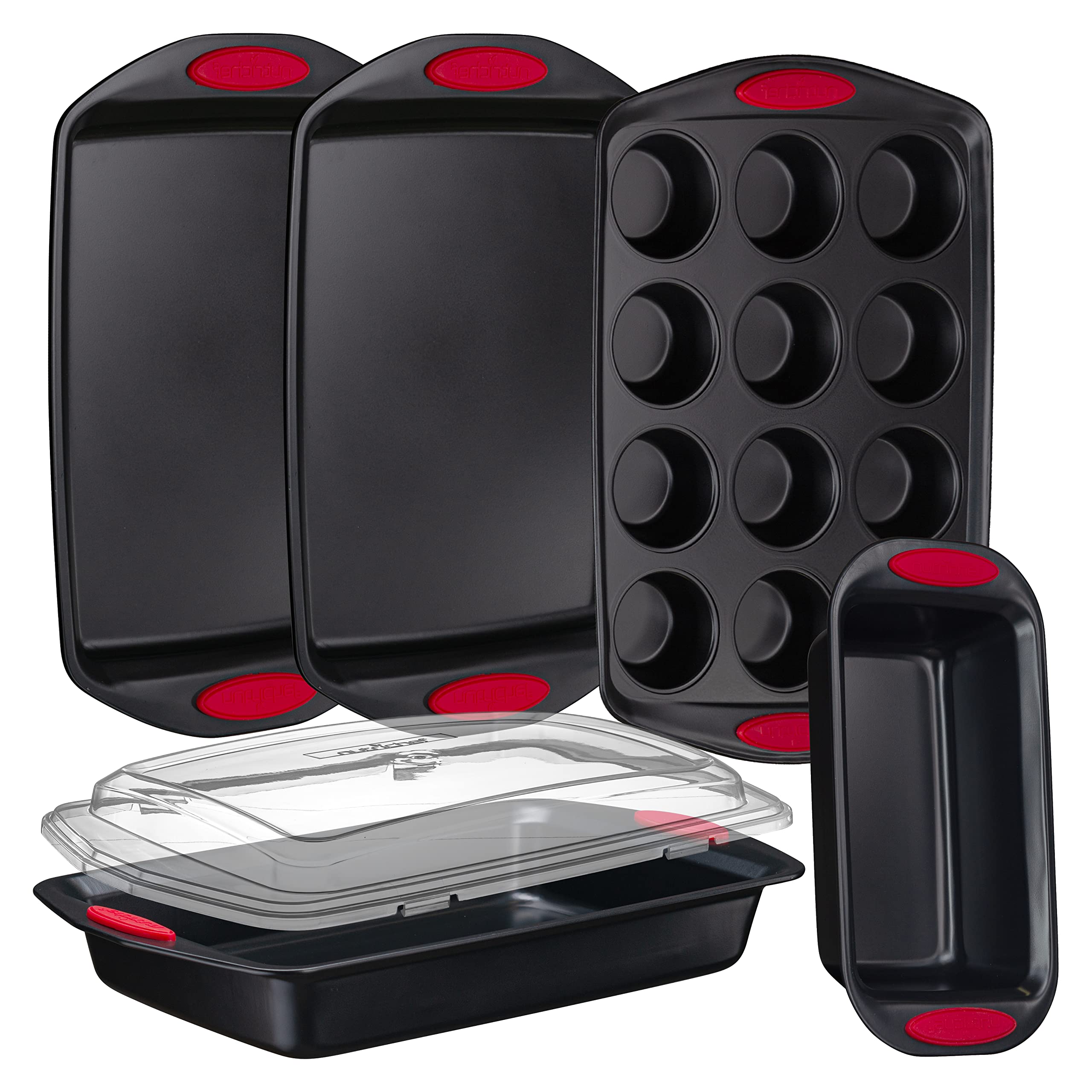 NutriChef 6-Piece Baking Pan Set - Carbon Steel Stackable Bakeware with Red Silicone Handles & Nonstick Coating, Includes Cookie Sheets, Roaster Pan with Lid, Loaf Pan, and 12 Cup Muffin Pan (Black)