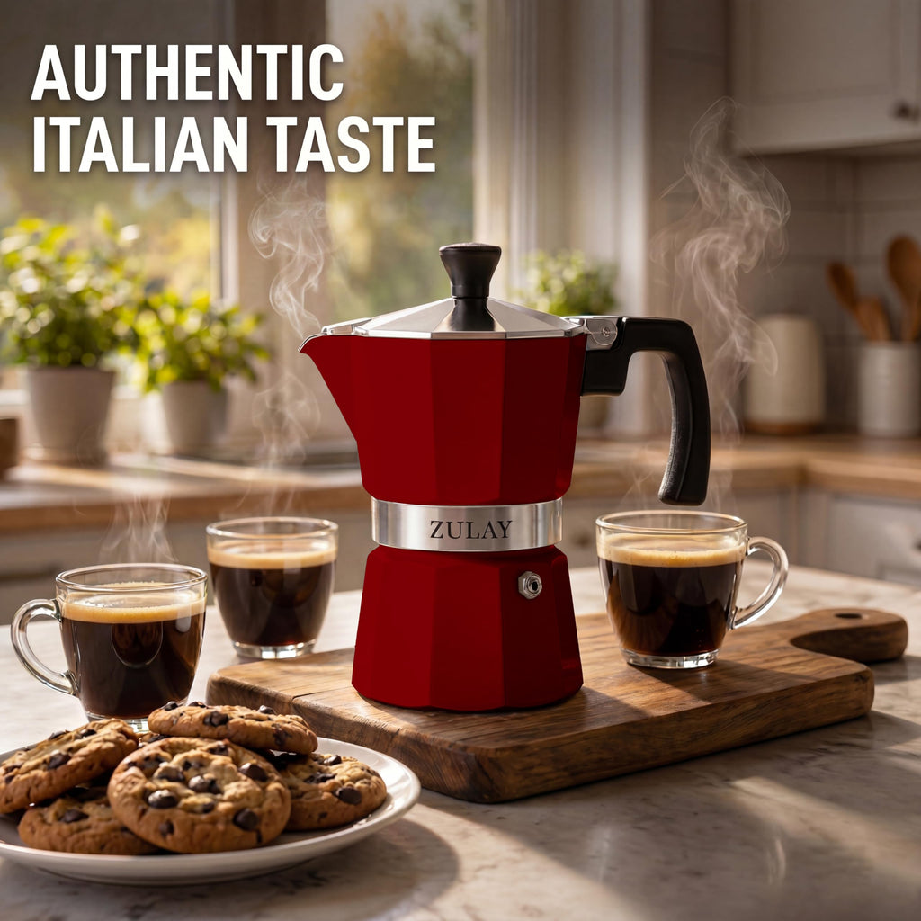 Zulay Moka Pot Espresso Stovetop Coffee Maker - Leak-Proof, Stainless Steel, Easy to Clean, Heat Resistant Handle & Knob - for Authentic Cuban & Italian Style Espresso - Makes 3 Espresso Cups - Red