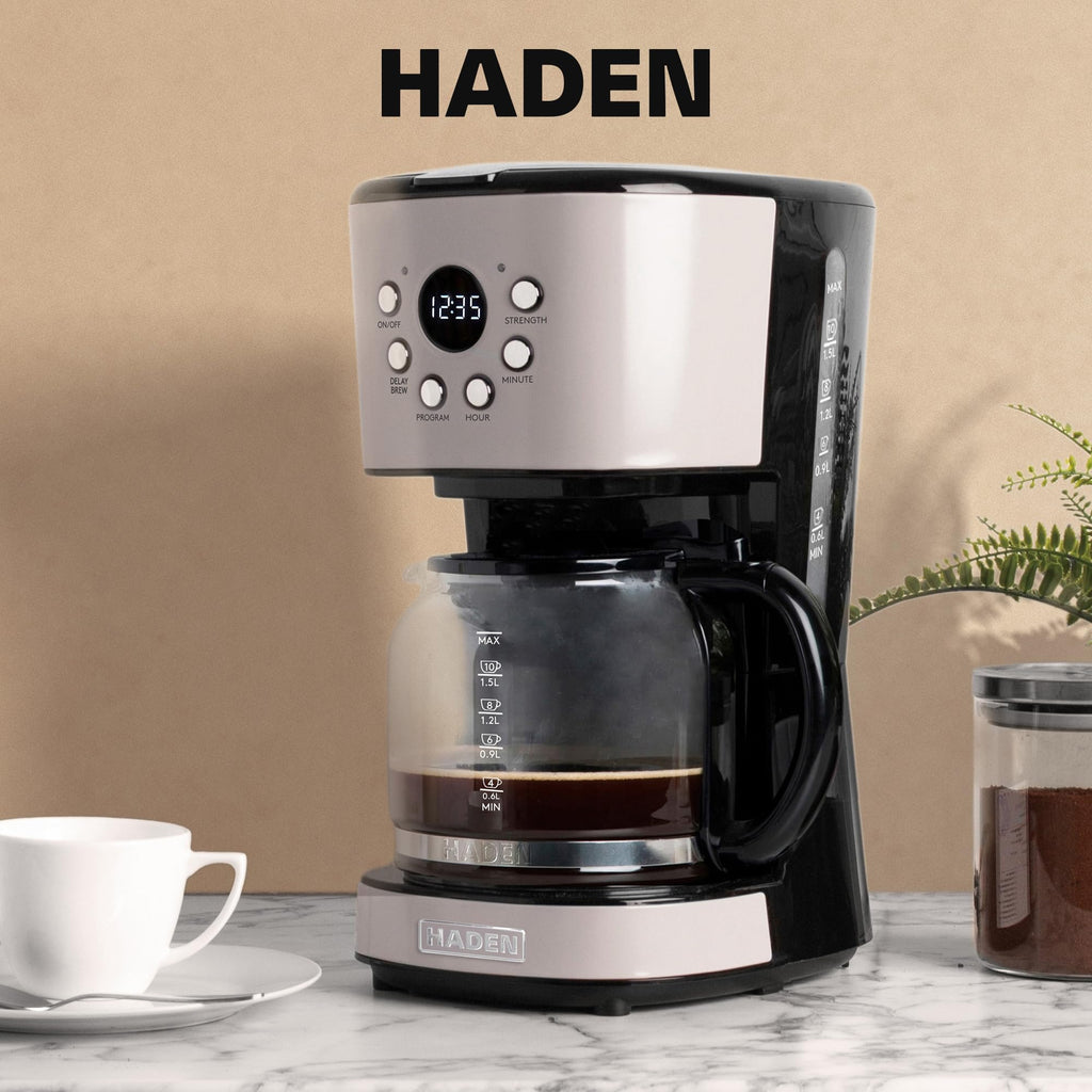 Haden 12 Cup Programmable Drip Coffee Maker Coffee Machine Bundled with Dorset 2 Slice Wide Slot Stainless Steel Toaster, Putty & Chrome