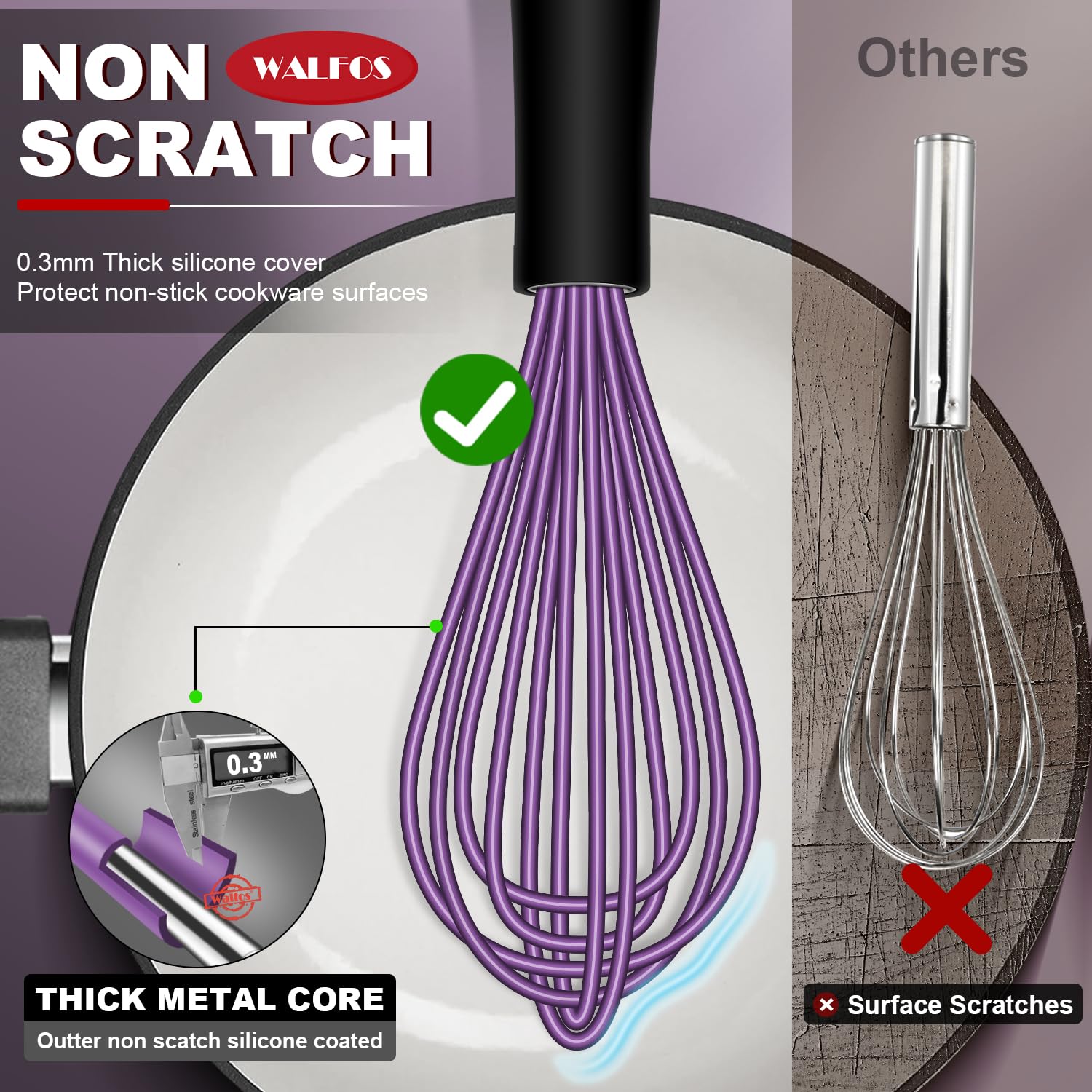 Walfos Whisk, Silicone Whisks Set of 5, Mini Stainless Steel Whisk 7+5in & Non Scratch Coated 7+9+11in Whisks, Suitable for Blending, Whisking, Beating, Frothing & Stirring. (Purple)