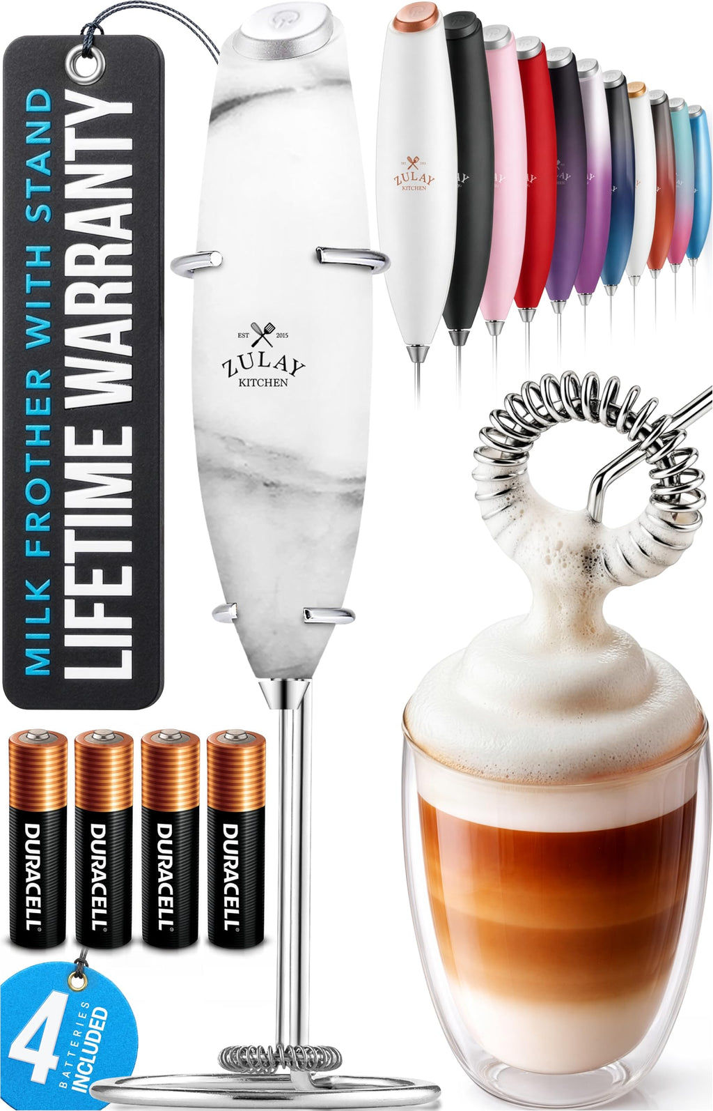 Zulay Kitchen Powerful Milk Frother Wand With Duracell Batteries - Ultra Fast Handheld Drink Mixer - Electric Whisk Foam Maker for Coffee, Lattes, Cappuccino & Matcha - Z1 Motor - Aqua
