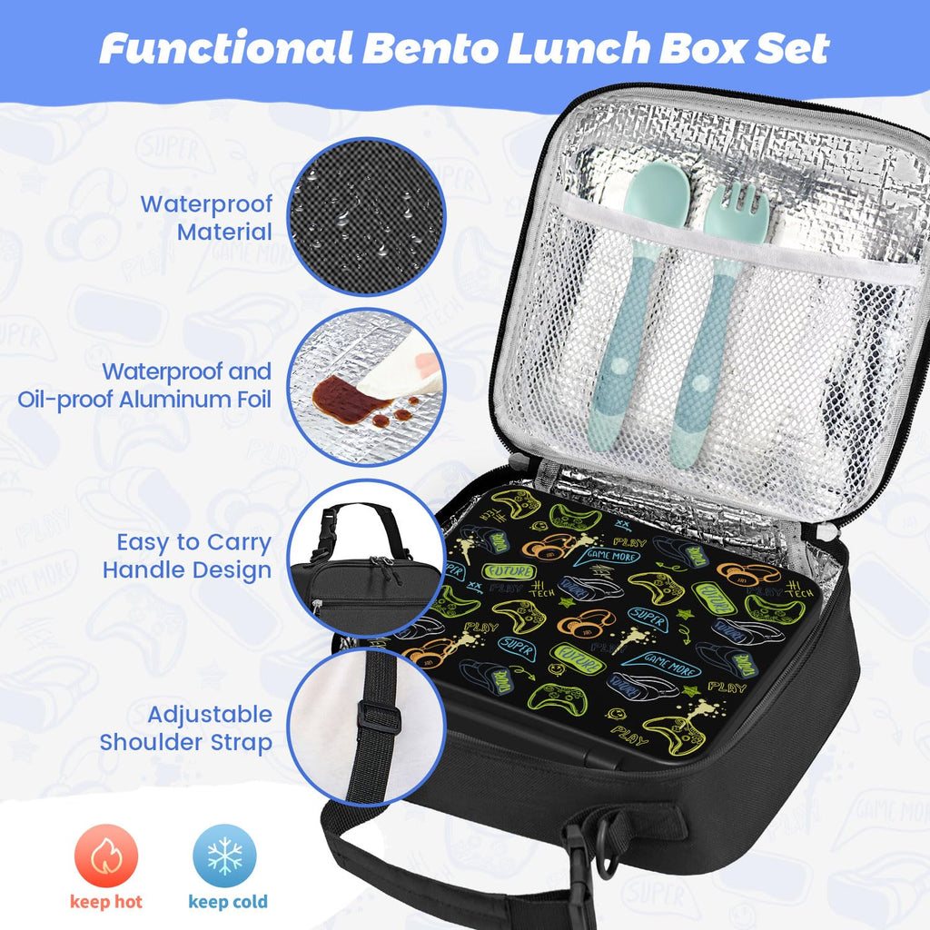 Kids Bento Lunch Box with Thermos, Leakproof Toddler Bento Box with 9 OZ Insulated Food Jar, Lunch Bag & Utensils 3 or 4 Compartment Container for School Girls Boys