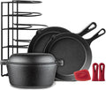 Cuisinel Cast Iron Cookware 8-Pc Set - 10" + 12" Skillet + 5-Quart Dutch Oven+ Panrack Organizer + Silicone Handle Covers + Scraper/Cleaner- Pre-Seasoned Chef's Essentials Kit - Grill, Indoor/Outdoor