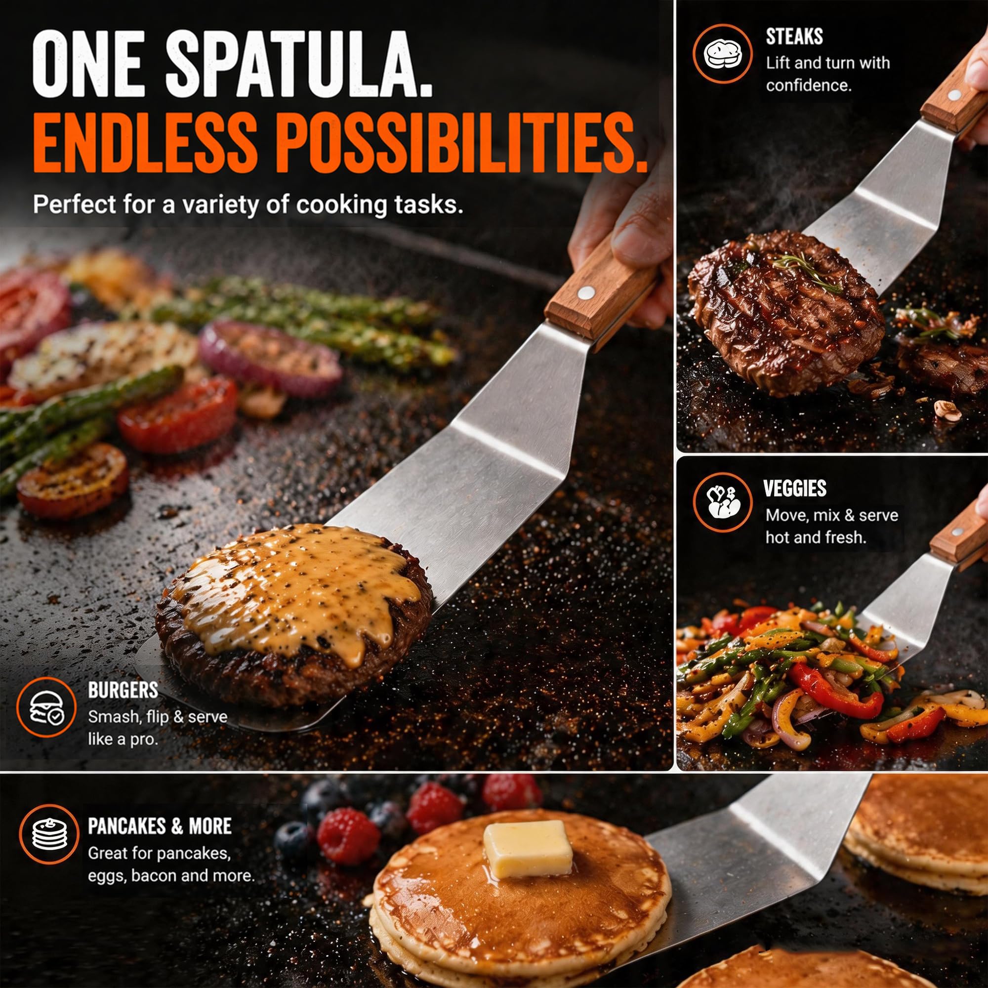 Medium Grill Spatula – Metal Spatula with Wooden Handle & Beveled Edges, Heavy Duty Flat Top Turner for Skillets, Griddles & Grills, Smash Burger Flipper, Stainless Steel Cooking Tool (Style 05)