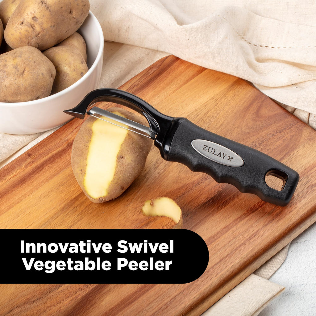 Zulay Kitchen Premium Vegetable Peeler for Kitchen - Swivel Peeler with Razor Sharp Stainless Steel Blades & Strong Ergonomic Handle - Dishwasher Safe, Easy To Use with Blemish Remover - Black