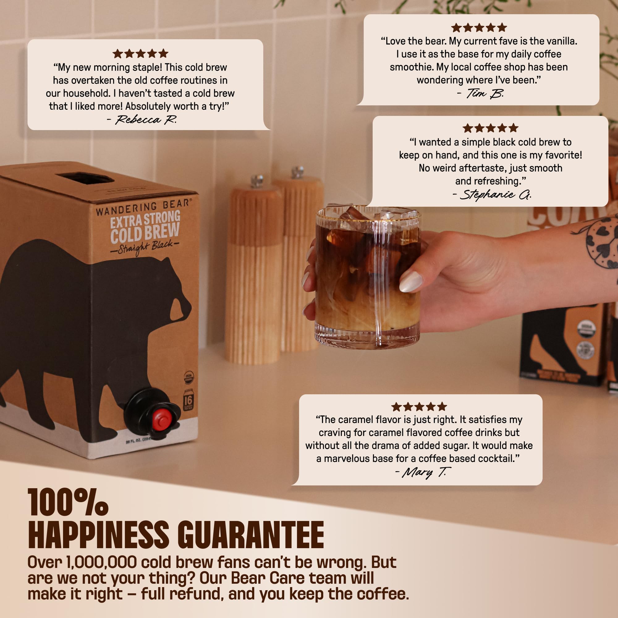 Wandering Bear Organic Caramel Cold Brew Coffee On Tap, Iced Coffee Drink - Extra Strong, Bold, Smooth, No Sugar Added, Shelf-Stable, Ready to Drink,Gluten Free & Vegan -16 Servings of 6fl.oz -96fl.oz