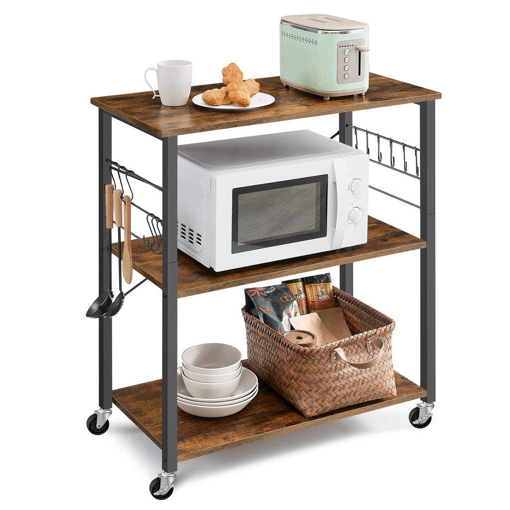 VASAGLE Kitchen Shelf on Wheels, 31.5 Inches Serving Cart with 3 Shelves, Kitchen Cart, Microwave Shelf, for Mini Oven, Toaster, with 6 Hooks, Industrial Style, Rustic Brown and Ink Black UKKS067K01