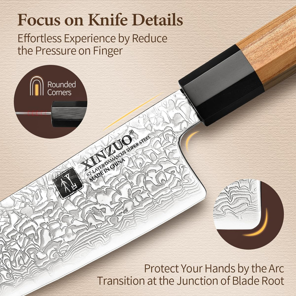 XINZUO 5 Pieces Kitchen Knife Set without Block, Hand Forged 67 Layers Damascus Steel Professional Chef Knife Set,Ultra Sharp,Olive Wood Octagonal Handle