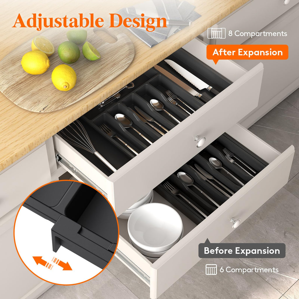 Lifewit Silverware Drawer Organizer, Expandable Utensil Tray for Kitchen, BPA Free Flatware and Cutlery Holder, Adjustable Plastic Storage for Spoons Forks Knives, 33 -57 x 42cm, Black