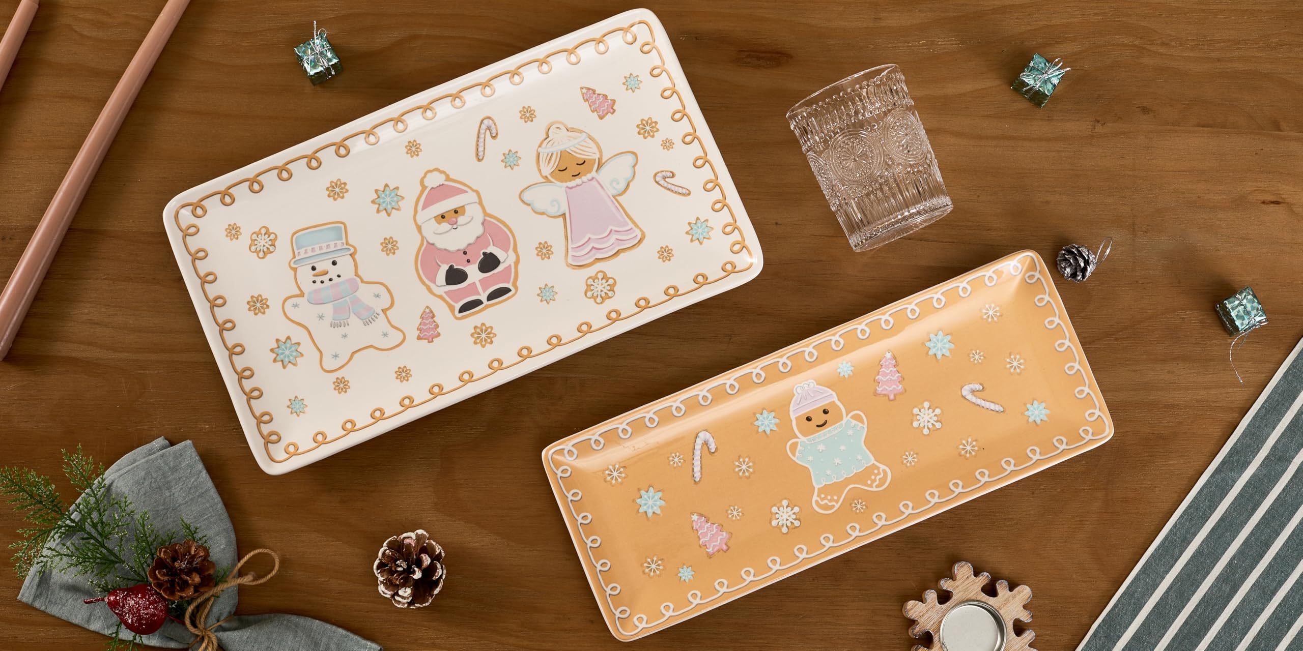 Bico Pastel Gingerbread Man Gnomes Ceramic Rectangular Serving Platters Set of 2, 14 Inch, Microwave & Dishwasher Safe, Large and Medium Platters for Appetizers, Cheese, Salad, Pasta